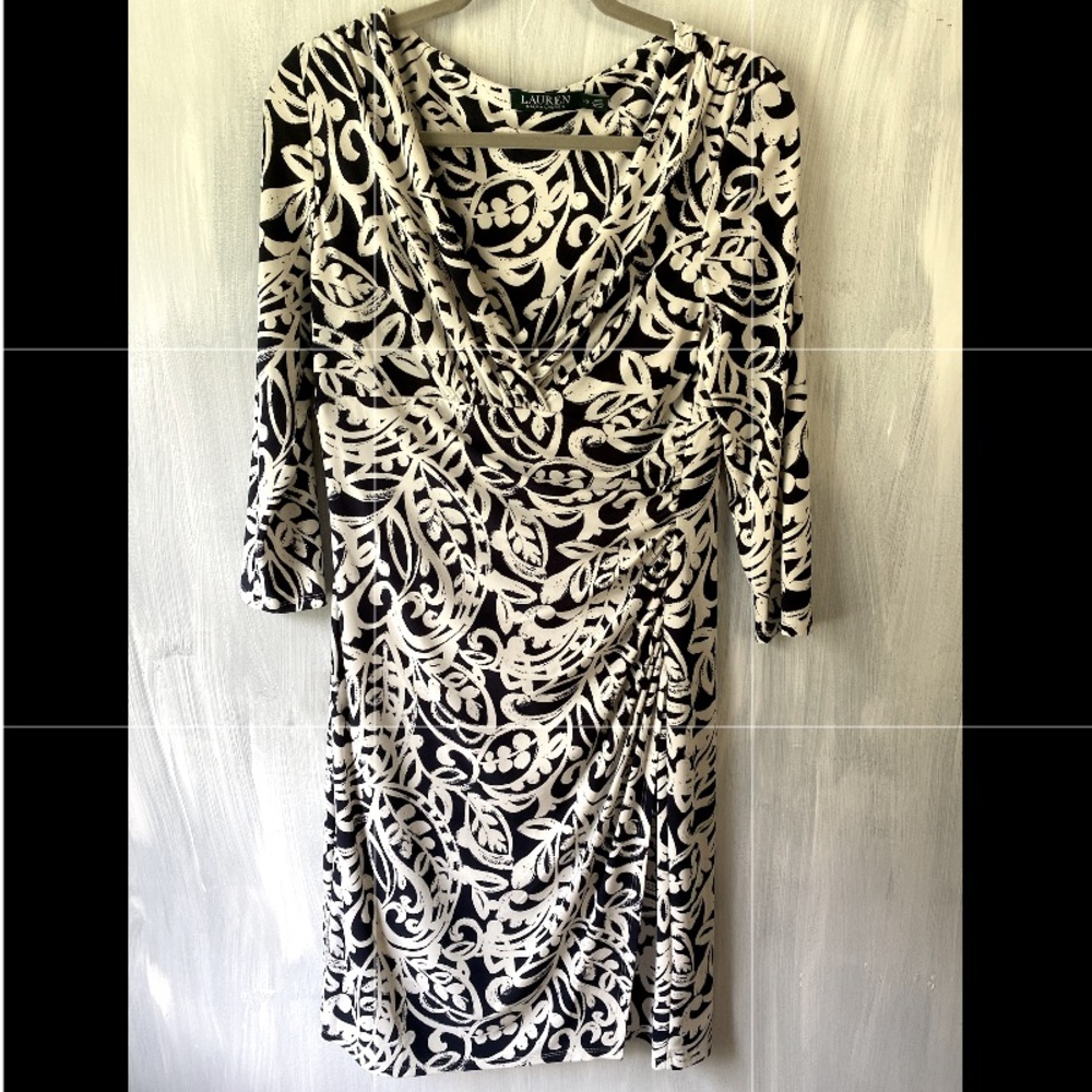Ralph Lauren Navy Blue and White Patterned Long Sleeve Dress Size 10